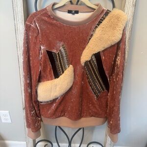 LIE Lee Chung Chung Velvet Faux Fur Mixed Media Brown Designer Sweatshirt‎ Top